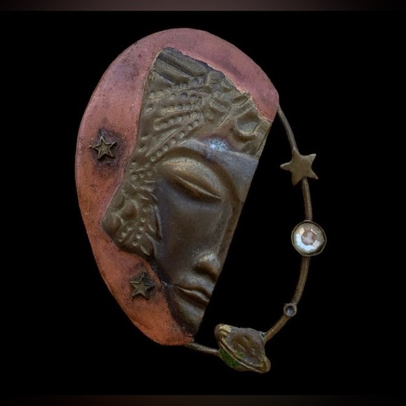 OOAK Vintage Artesian Egyptian Planetary Metal Brooch Pin Jewelry Planet Stars - Picture 2 of 11
